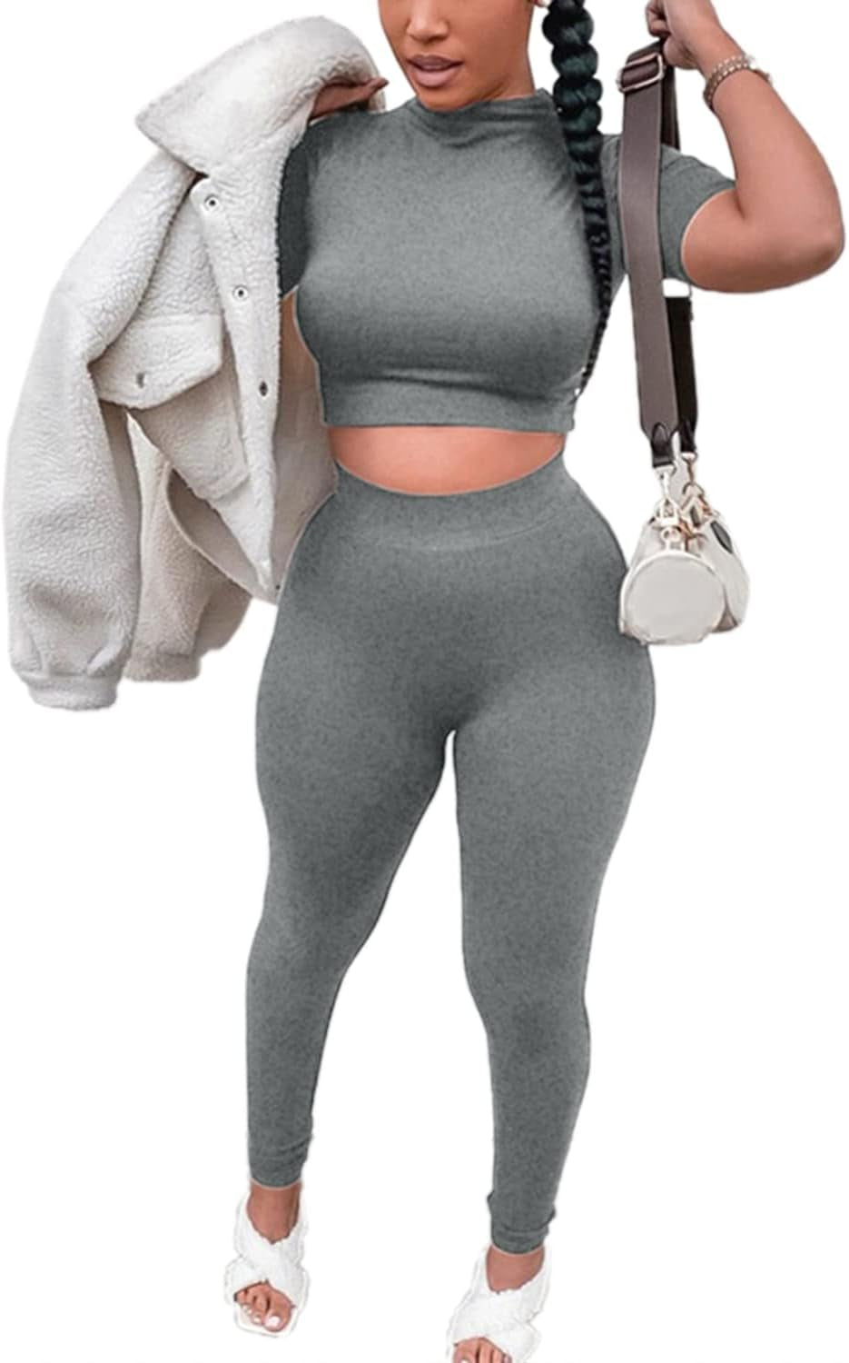 Women’S Casual 2 Piece Outfits Bodycon Short Sleeve Crop Top with Long Pants Tracksuit Workout Sets