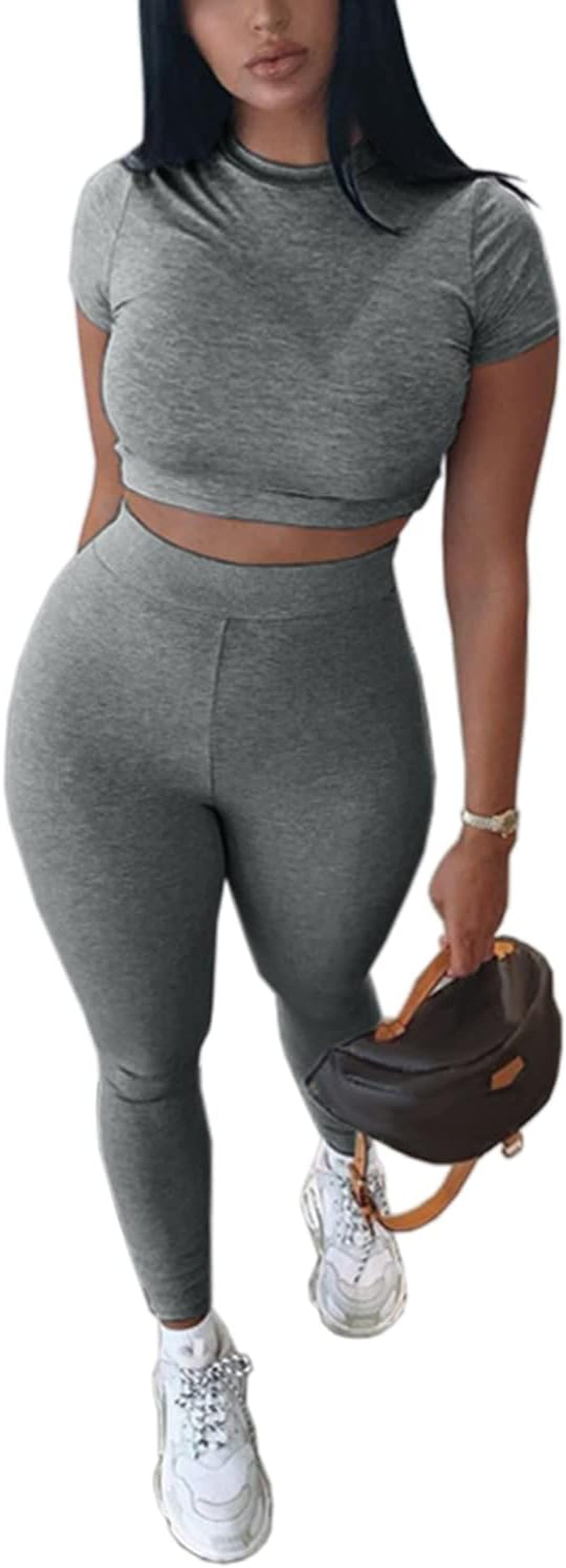 Women’S Casual 2 Piece Outfits Bodycon Short Sleeve Crop Top with Long Pants Tracksuit Workout Sets
