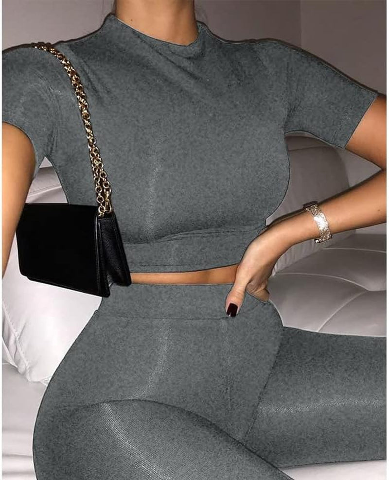 Women’S Casual 2 Piece Outfits Bodycon Short Sleeve Crop Top with Long Pants Tracksuit Workout Sets