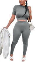 Women’S Casual 2 Piece Outfits Bodycon Short Sleeve Crop Top with Long Pants Tracksuit Workout Sets
