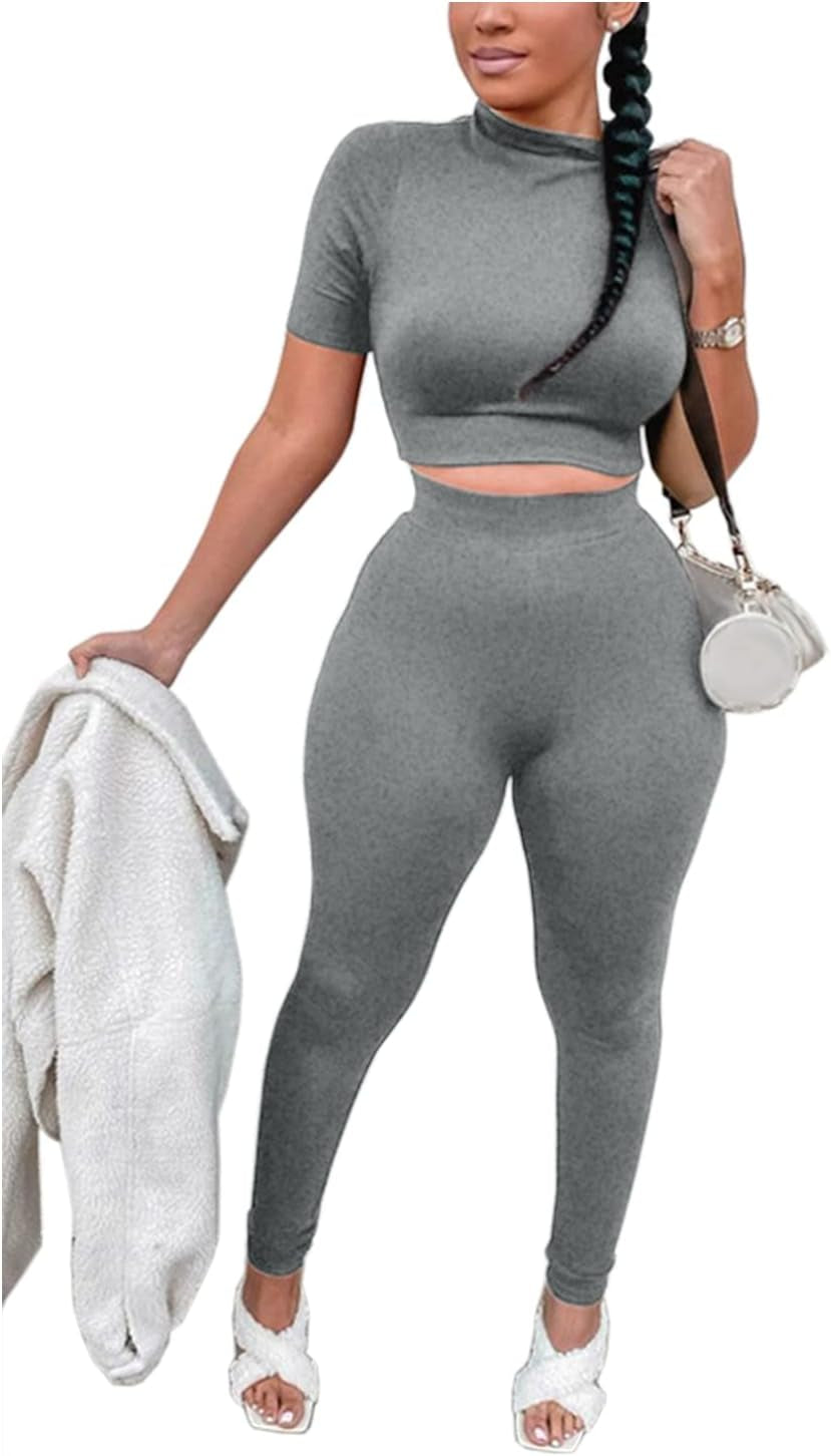 Women’S Casual 2 Piece Outfits Bodycon Short Sleeve Crop Top with Long Pants Tracksuit Workout Sets