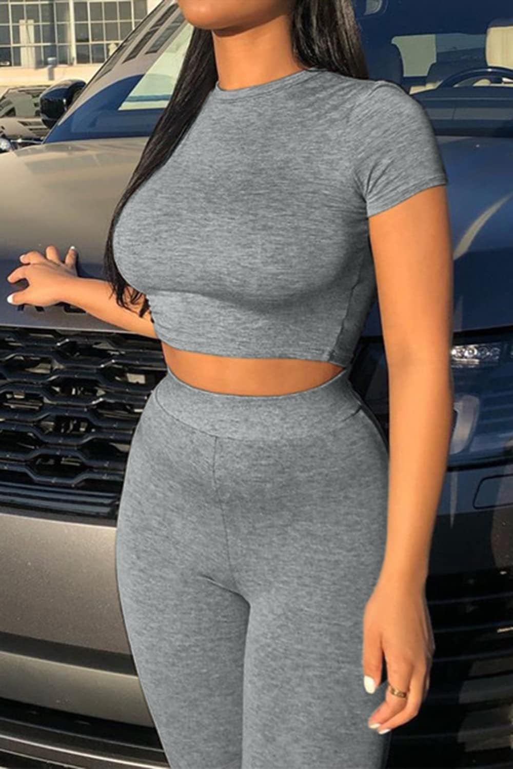 Women’S Casual 2 Piece Outfits Bodycon Short Sleeve Crop Top with Long Pants Tracksuit Workout Sets