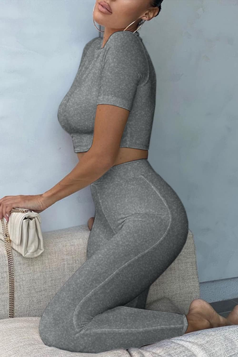 Women’S Casual 2 Piece Outfits Bodycon Short Sleeve Crop Top with Long Pants Tracksuit Workout Sets